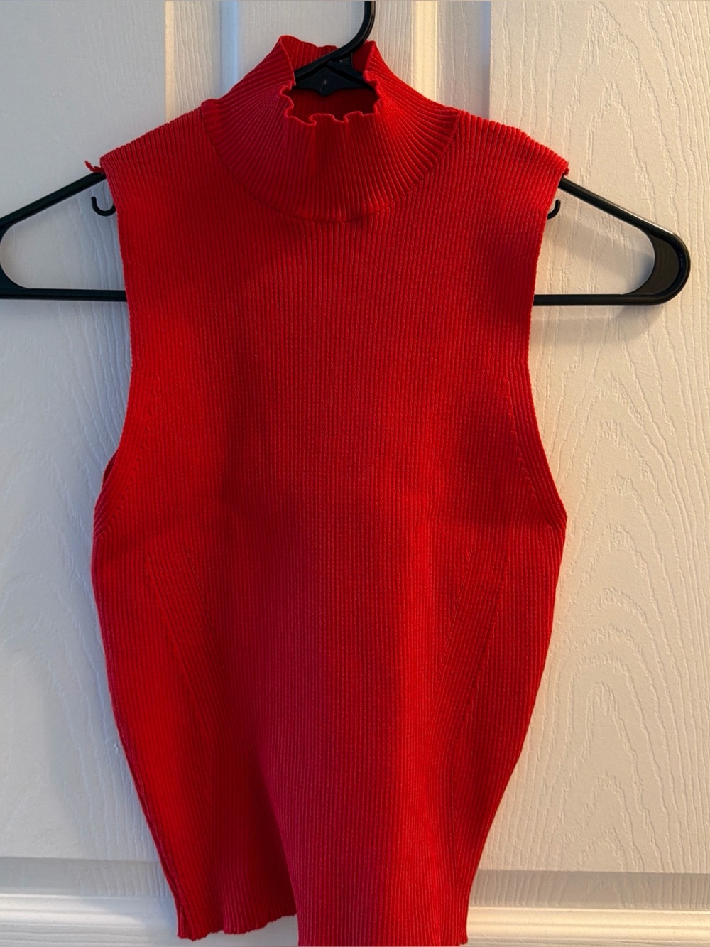 Red Sleeveless Ribbed Mock Neck Top